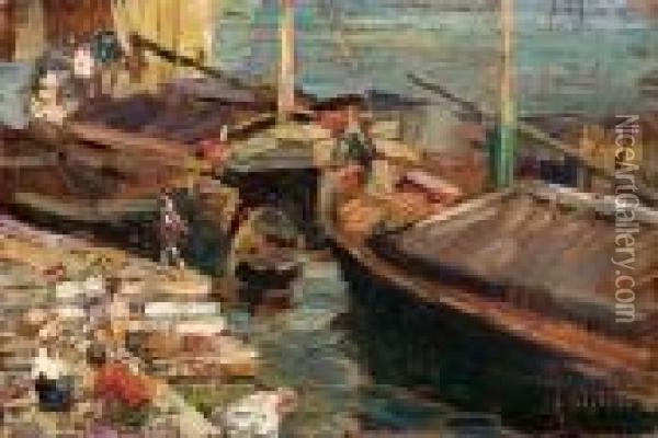 Barche Ormeggiate Oil Painting - Alessandro Milesi