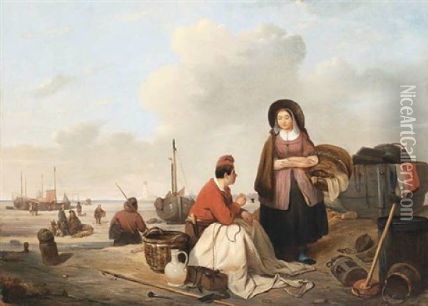 Fisherfolk On The Beach Oil Painting - Felix Louis Pluyms