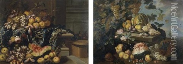 An Interior With A Still Life Of Peaches, Grapes, Plums, A Melon And Flowers, On A Stone Ledge Draped With An Embroidered Tablecloth (+ Landscape With A Still Life; Pair) Oil Painting - Antonio Gianlisi