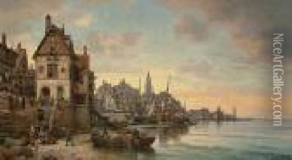 A Busy French Harbour Scene Oil Painting - Charles Euphrasie Kuwasseg