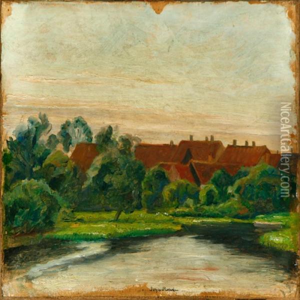 A Danish Landscape Withred Roof Ridges In The Evening Sun Oil Painting - Johan Gudmann Rohde