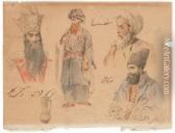 A Head Study Of Fath Ali Shah And Other Figure Studies Oil Painting - Jules Joseph Augustin Laurens