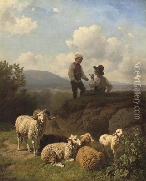 Young Shepherds Having A Smoke Oil Painting - Robert Eberle