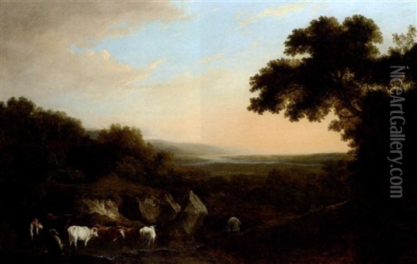 An Extensive Wooded Landscape, With Cattle And Figures In The Foreground And The Coast Beyond Oil Painting - Benjamin (of Bath) Barker