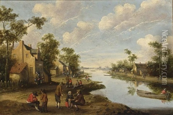 A River Landscape With Figures Resting Near An Inn, A Fisherman In A Boat To The Right Oil Painting - Cornelis Droochsloot