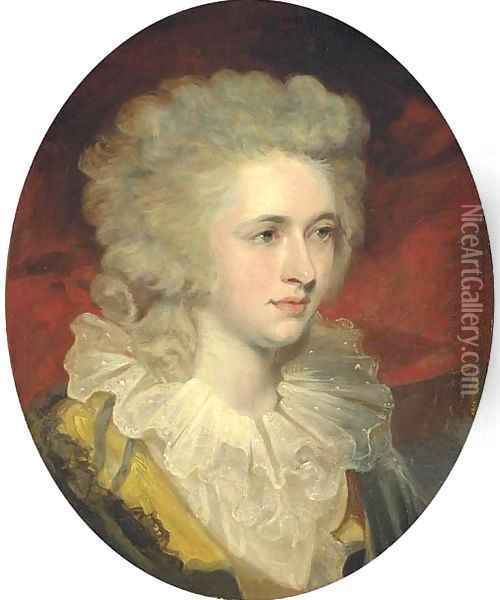 Portrait of Miss Lockhart Alexander, bust-length, in a sprigged muslin ruff Oil Painting - John Hoppner