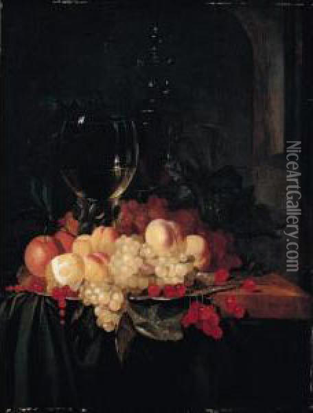 Still Life Of A Roemer And A Wine Glass Together With Cherries, Peaches, Grapes, Redcurrants, Oranges And A Lemon, Arranged On A Silver Plate On A Wooden Ledge Draped With A Green Cloth Oil Painting - Joris van der Haagen or Hagen