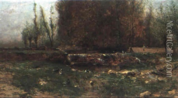 Flusslandschaft Mit Enten Und Brucke Oil Painting - Adolphe Appian