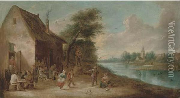 A River Landscape With Peasants Drinking And Merrymaking Outisde A Tavern Oil Painting - David The Younger Teniers