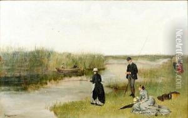 Elegant Figures Fishing From A River Bank Oil Painting - Johannes Lodewijk Moerman