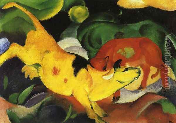 Cows Yellow Red Green Oil Painting - Franz Marc