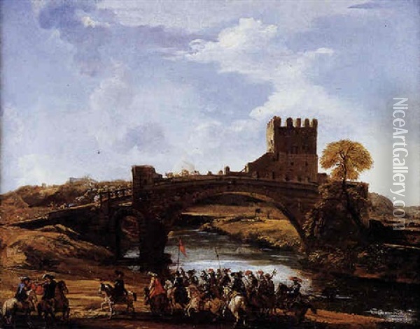Paesaggio Romano Presso Il Ponte Nomentano Con Soldati Oil Painting - Pandolfo Reschi