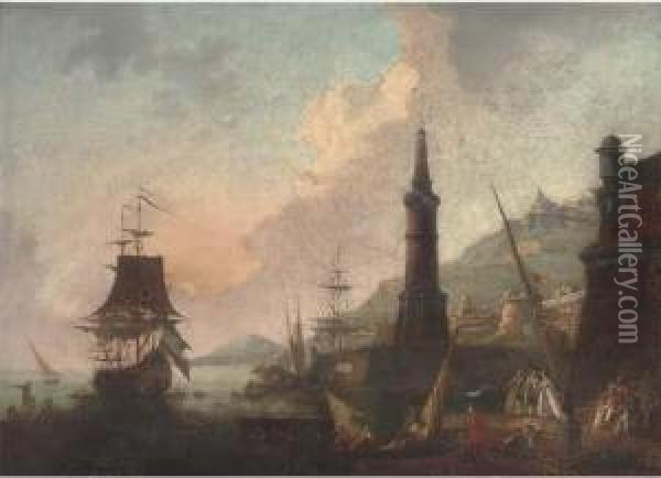 A Mediterranean Harbour With 
Elegant Company And Merchants By A Lighthouse, Shipping Beyond Oil Painting - Adriaen Manglard