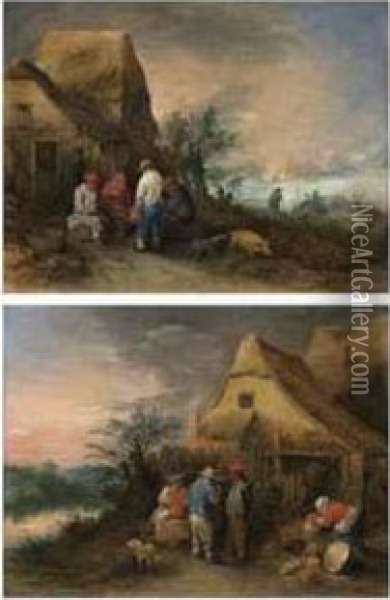 Peasants Drinking Outside A Farm Cottage Oil Painting - Theobald Michau