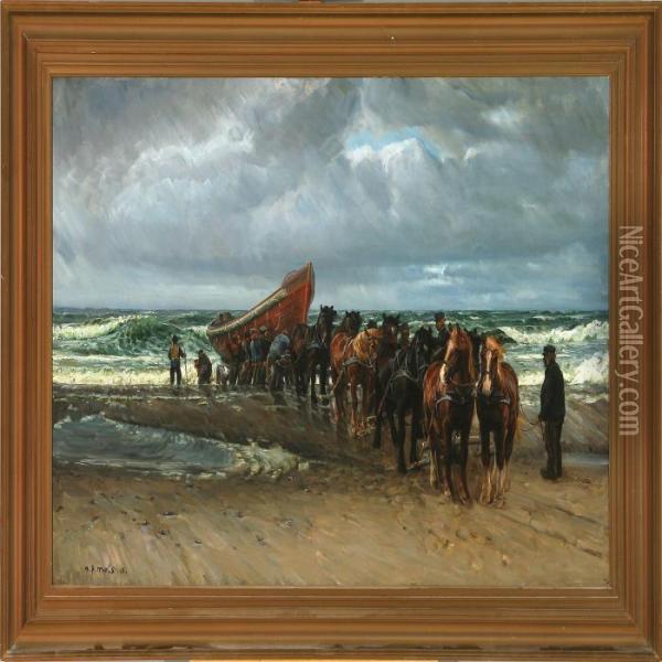 Rescue Lifeboat At The North Sea Coast Oil Painting - Niels Pedersen Mols