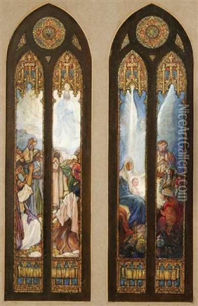 The Ascension (+ The Nativity; 2 Stained Glass Window Designs) Oil Painting - Corwin Knapp Linson