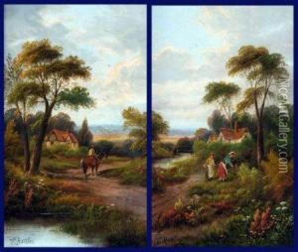 Rural Landscapes With Figures And Cottage Oil Painting - Etty Horton