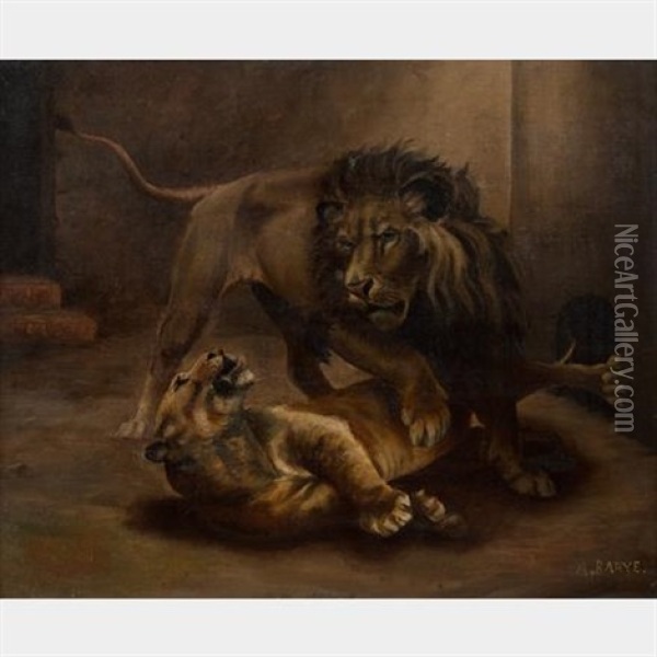 Couple De Lions Enlaces Oil Painting - Antoine-louis Barye