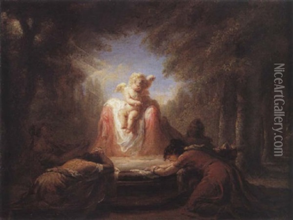 Cupidon Implore Par Un Groupe De Femmes (la Fontaine D'amour) Oil Painting - Jacques Gamelin