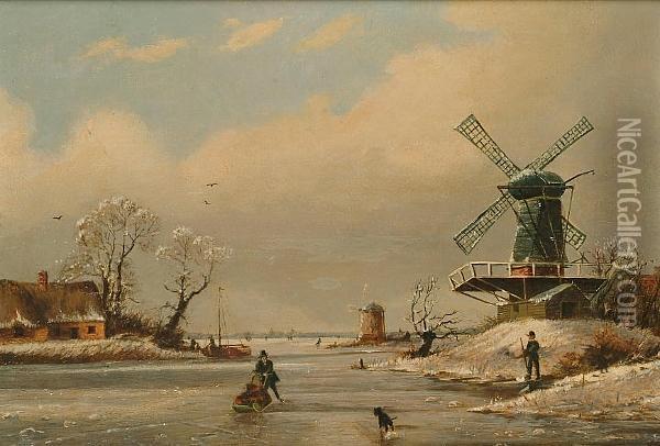 Dutch Winter Landscape With Figures Oil Painting - Jan Jacob Coenraad Spohler