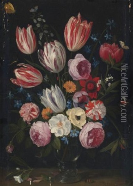Tulips, Roses, Peonies And Other Flowers In A Roemer Oil Painting - Jan van Kessel the Elder