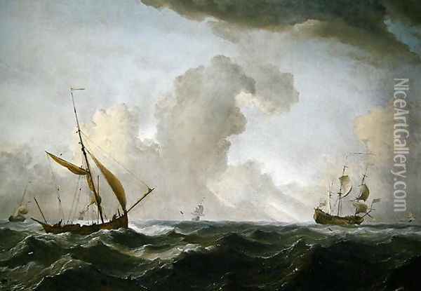 An English Galliot at sea running before a strong wind, c.1690 Oil Painting - Willem van de Velde the Younger