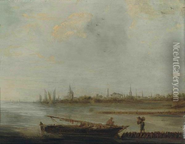 A Coastal Landscape With Fishermen, A City Beyond Oil Painting - Jan van Goyen