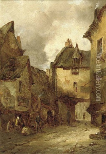 Figures In A Continental Street Oil Painting - Alfred Montague