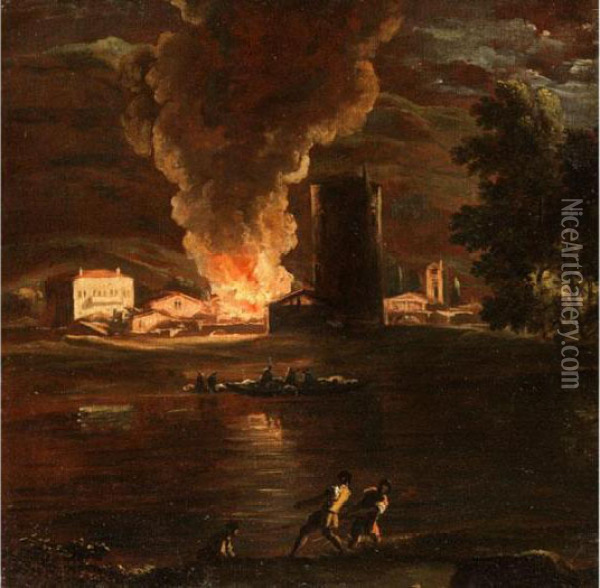 Nachtlicher Brand In Einer Italienischen Stadt Oil Painting - Marco Ricci