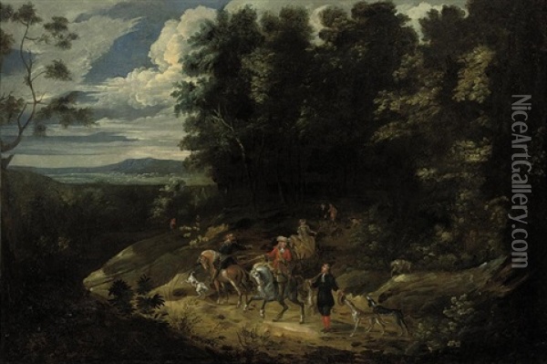 A Hunting Party In A Wooded Landscape Oil Painting - Lambert de Hondt the Younger