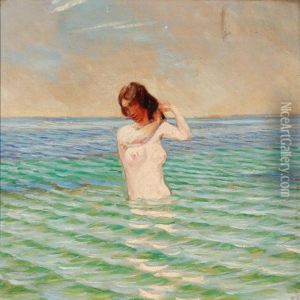 A Bathing Nude Woman Oil Painting - Harald Slott-Moller