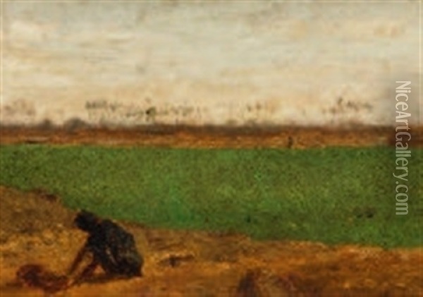 Landschaft Im Orient - Im Vordergrund Ein Am Boden Kauernder
Mann, Im Hintergrund Palmen Oil Painting - Narcisse Berchere