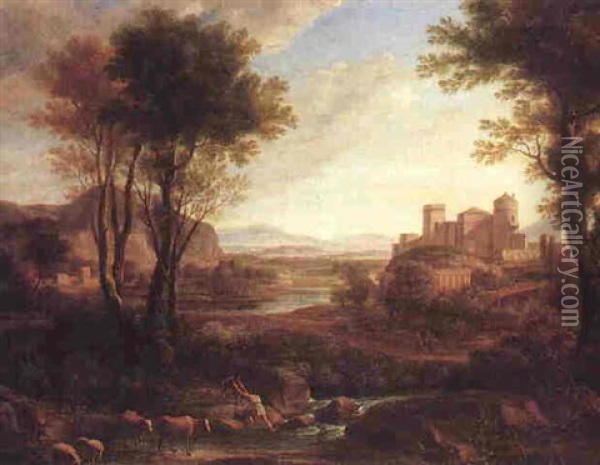Landscape With Figures Crossing A Stream Beside Cattle And Sheep, A Citadel Beyond Oil Painting - Claude Lorrain