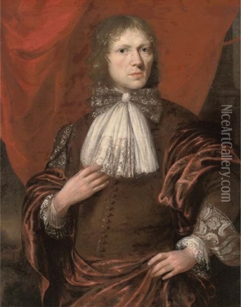 Portrait Of A Gentleman In A Brown Waistcoat And Red Wrap, A Partly-draped Wall Behind Oil Painting - Lucas Franchoys the Younger