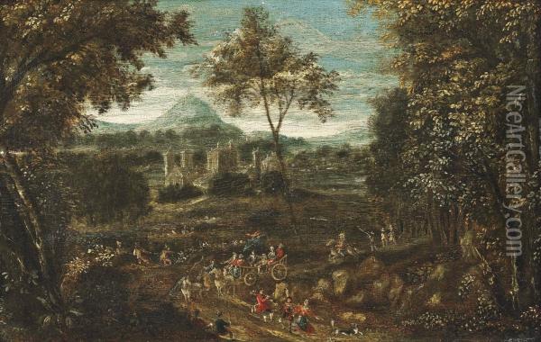 A Procession In A Wooded Landscape With A Castle And Mountains Beyond Oil Painting - Mattijs Schoevaerdts