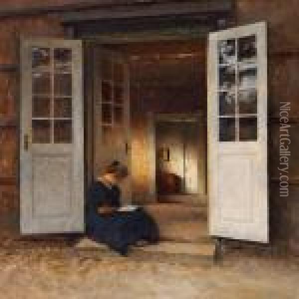 Young Girl Reading In The Doorway Oil Painting - Peder Vilhelm Ilsted