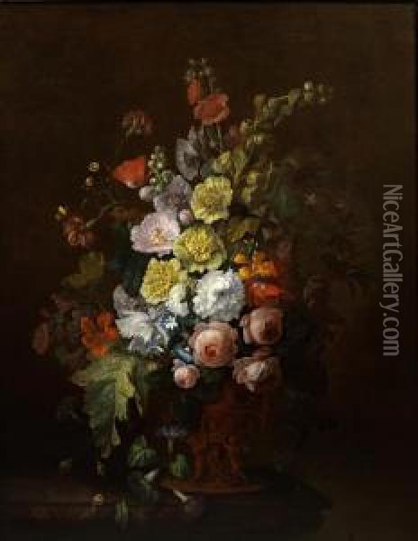 Roses, Poppies, Convolvulus And Other Flowers In A Bronze Vase On A Marble Ledge Oil Painting - Justus van Huysum