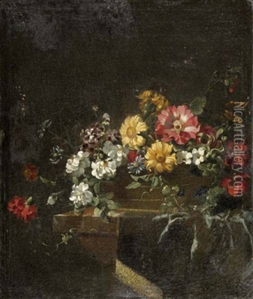 Blumenbouquet In Einem Flechtkorb Auf Einer Tischplatte Oil Painting - Jean-Michel Picard