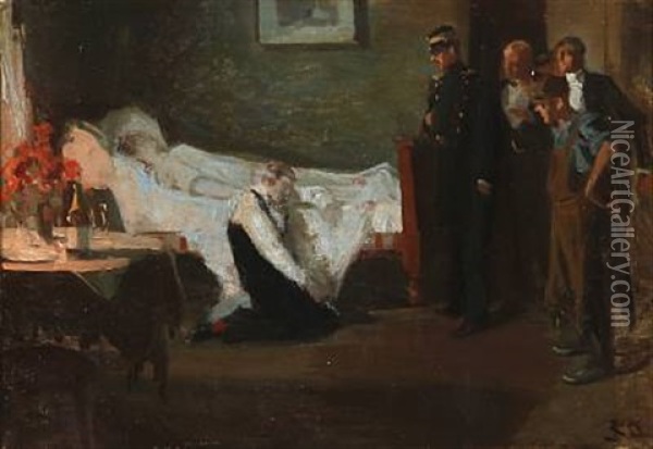 A Man Kneeling By A Woman's Deathbed With A Gun In His Hand Oil Painting - Erik Ludwig Henningsen