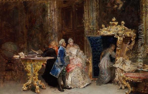 Interior With Elegant People In Rococo Costumes Oil Painting - Sebastiano Guzzone