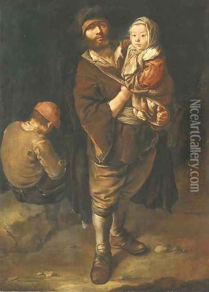 A peasant holding his daughter in his arms, a seated street urchin beyond Oil Painting - Giacomo Ceruti (Il Pitocchetto)