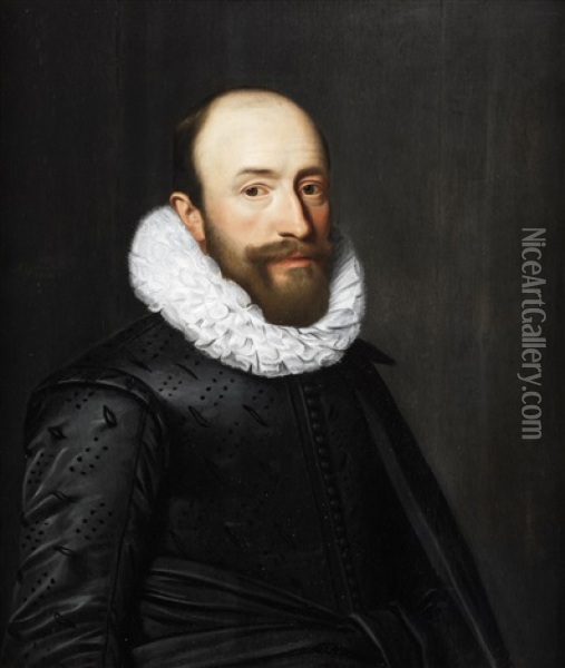 Portrait Of A Gentleman, Half-length, In Black Costume With A White Ruff Oil Painting - Jan van Miereveld