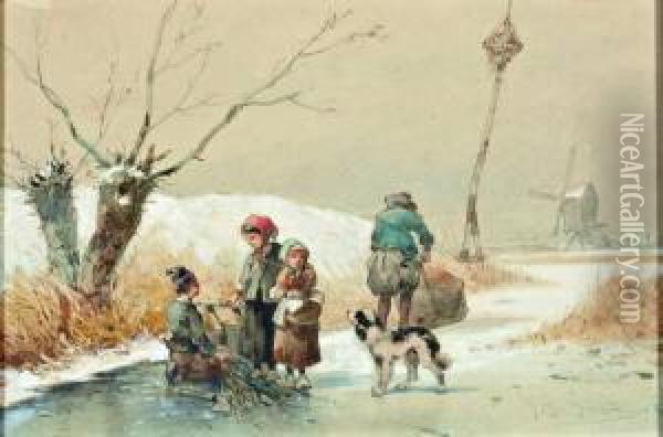 Winter Met Kinderen En Hond Op Het Ijs Oil Painting - Johan Gerard Smits