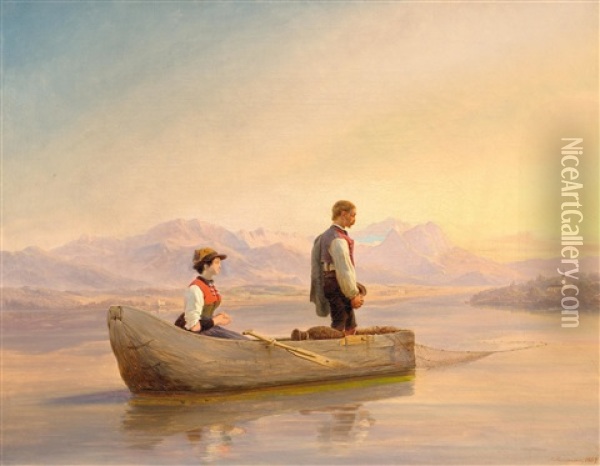 Fishing Couple On A Lake At Sunset Oil Painting - Niels Simonsen
