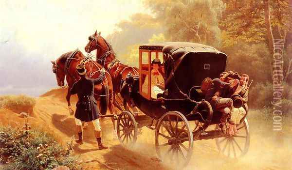 A Carriage Taking a Difficult Hill Oil Painting - Arthur Johann Severin Nikutowski