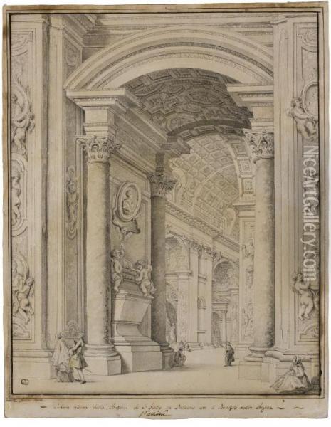 View Of The Interior Of St. 
Peter's Basilica, Rome, With The Tomb Of Queen Christina Of Sweden Oil Painting - Francesco Panini