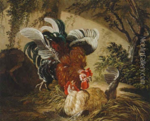 A Cockerel And A Hen Oil Painting - Jacques Charles Oudry
