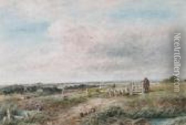 A Shepherd And Flock By A Gate In An Open Landscape Oil Painting - David Cox