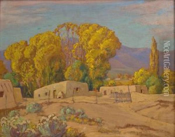 New Mexico Scene With Trees Behind Adobes Oil Painting - Sheldon Parsons