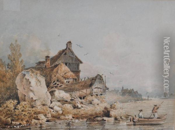 Cottages On A Riverbank Oil Painting - John Henderson